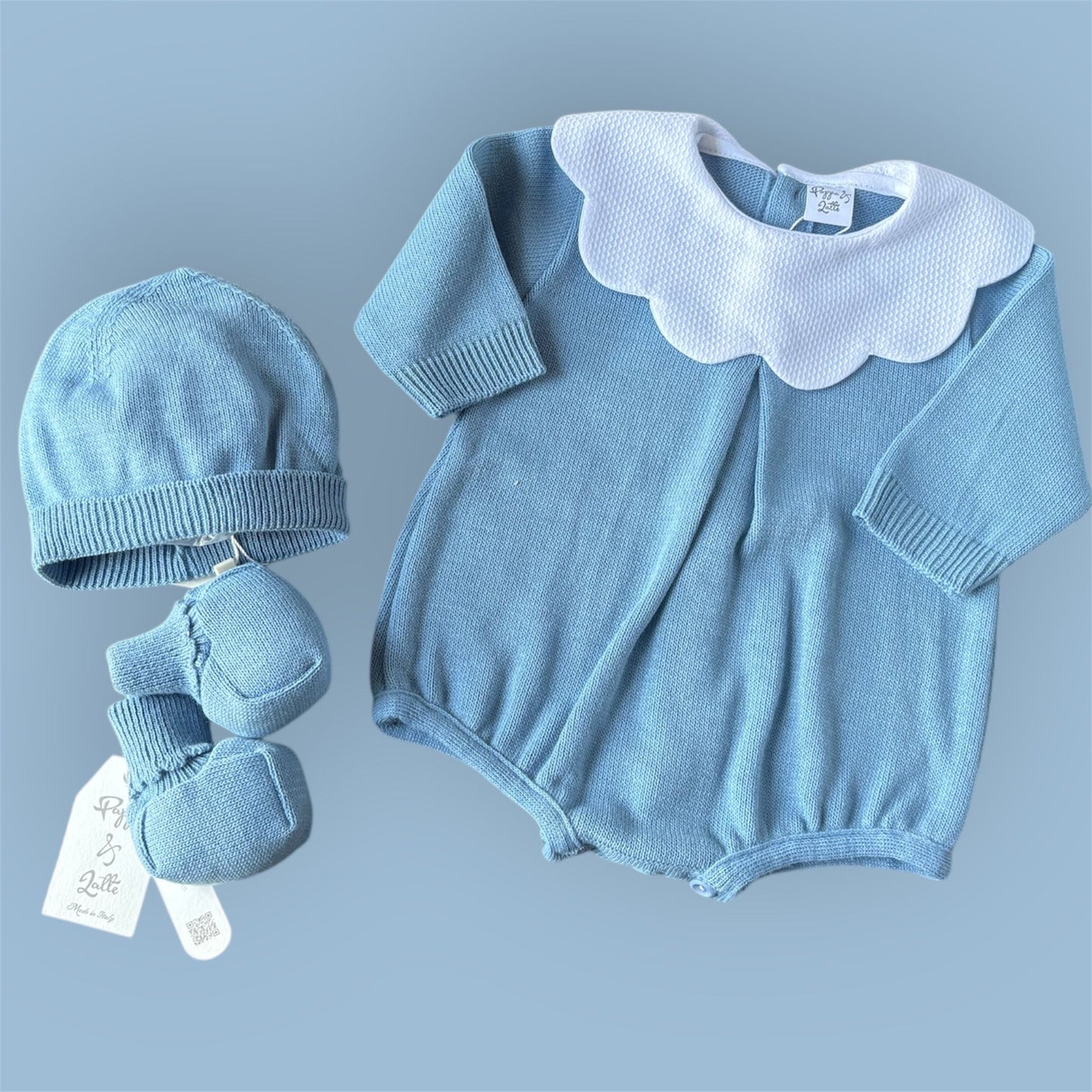 Pagliaccetto pappa e latte+cappello+ scarpine misto lana
