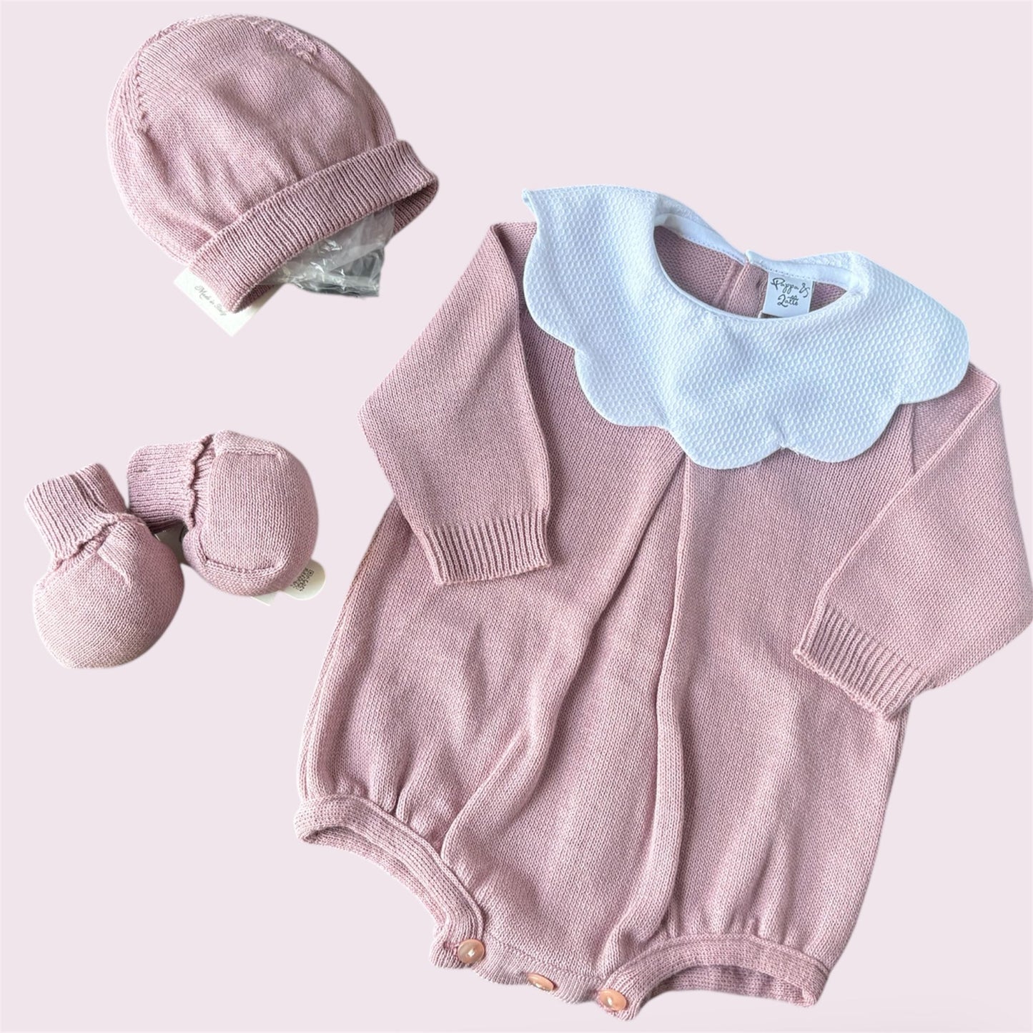 Pagliaccetto pappa e latte+cappello+ scarpine misto lana